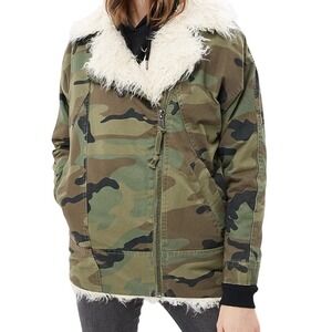 TOPSHOP Camo Faux Fur Lined Aviator Canvas Bomber Army Jacket Women's Sz US4 EUC